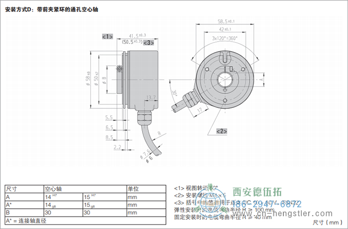 RI58-G/RI58-TG标准空心轴光电增量编码器的外形及安装尺寸(安装方式D：带前夹紧环的通孔空心轴) 德国hengstler(亨士乐)编码器
