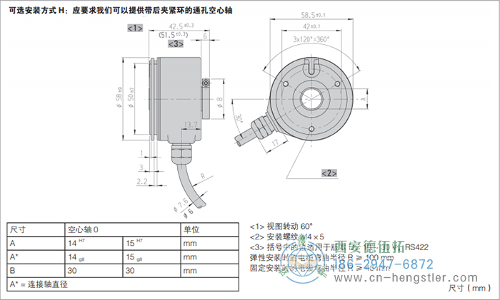 RI58-G/RI58-TG标准空心轴光电增量编码器的外形及安装尺寸(可选安装方式H) 德国hengstler(亨士乐)编码器